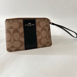 Coach Brown Signature Canvas Wristlet with Black Center Stripe